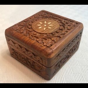 Vintage Wood Box Hand-Carved Floral Design India